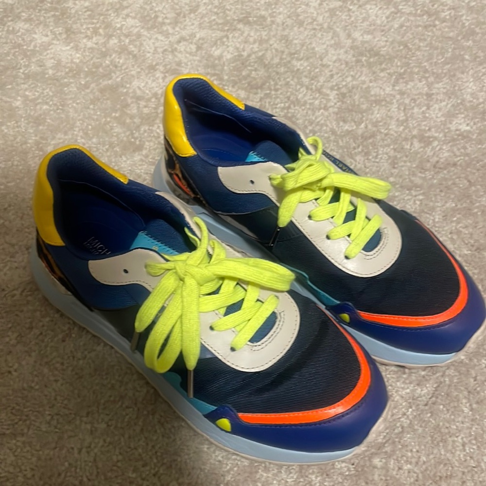 Michael Kors Navy Blue Neon Yellow Orange Accent Sneakers